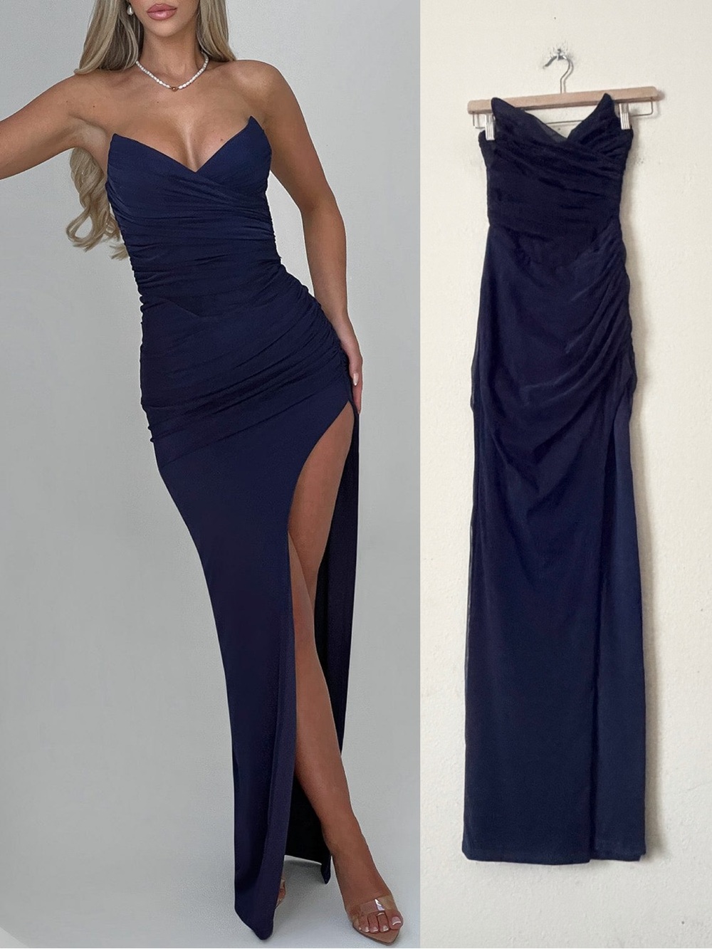 Babyboo XS Giovanna stretch mesh corset bodice slit hem maxi dress in navy blue